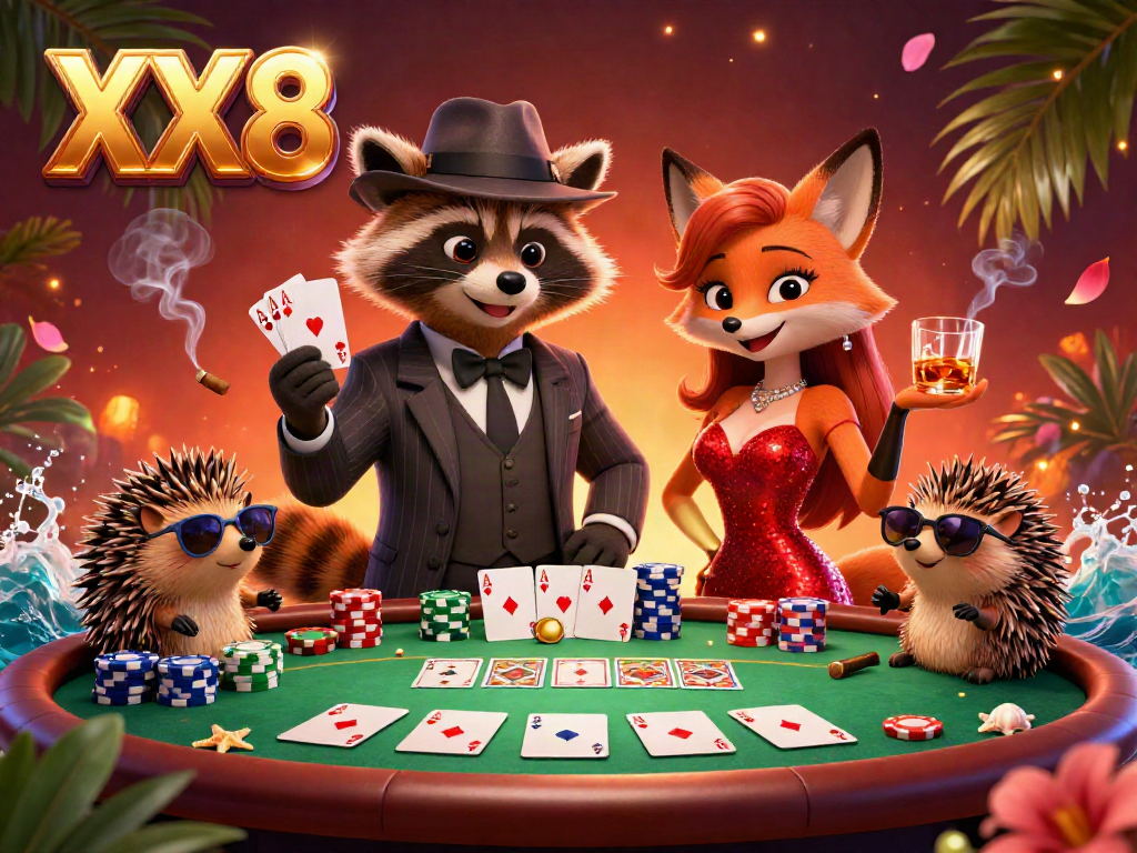Experience the thrill of poker with the XX8 raccoon and friends at a vibrant casino table.