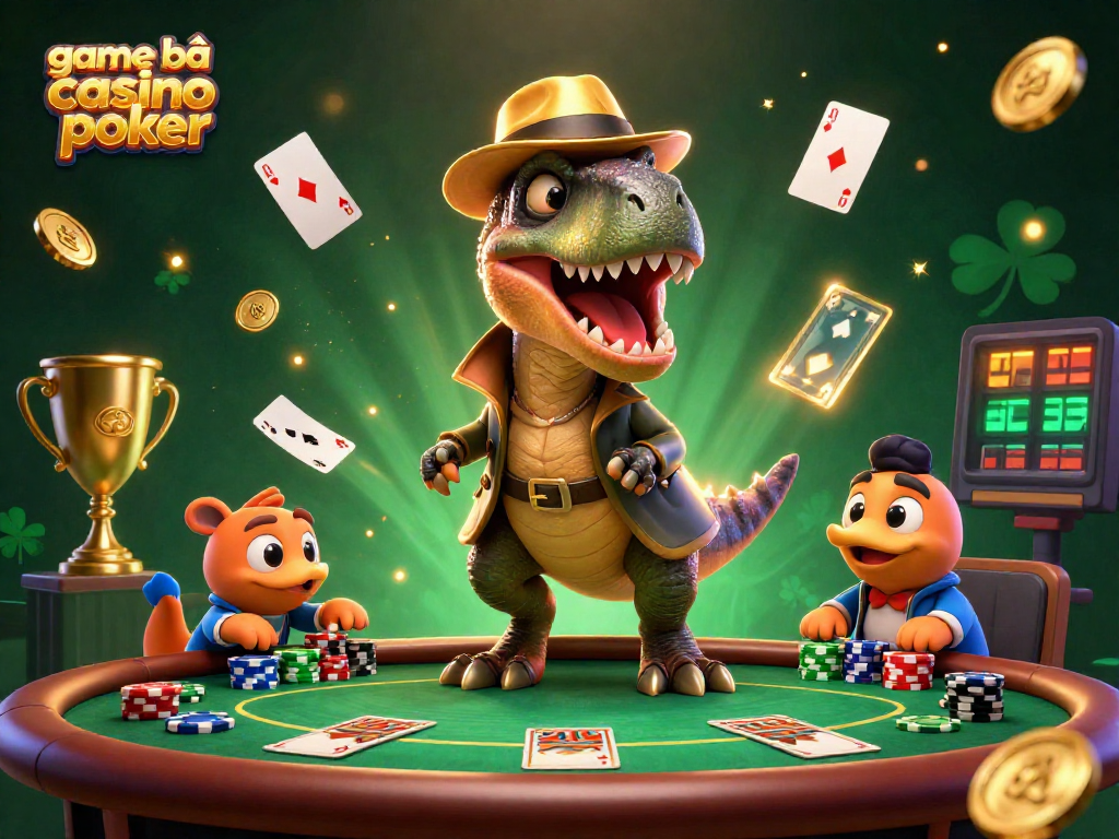 Engage in game bài casino poker with a velociraptor card counter, a stegosaurus, and exciting poker elements.