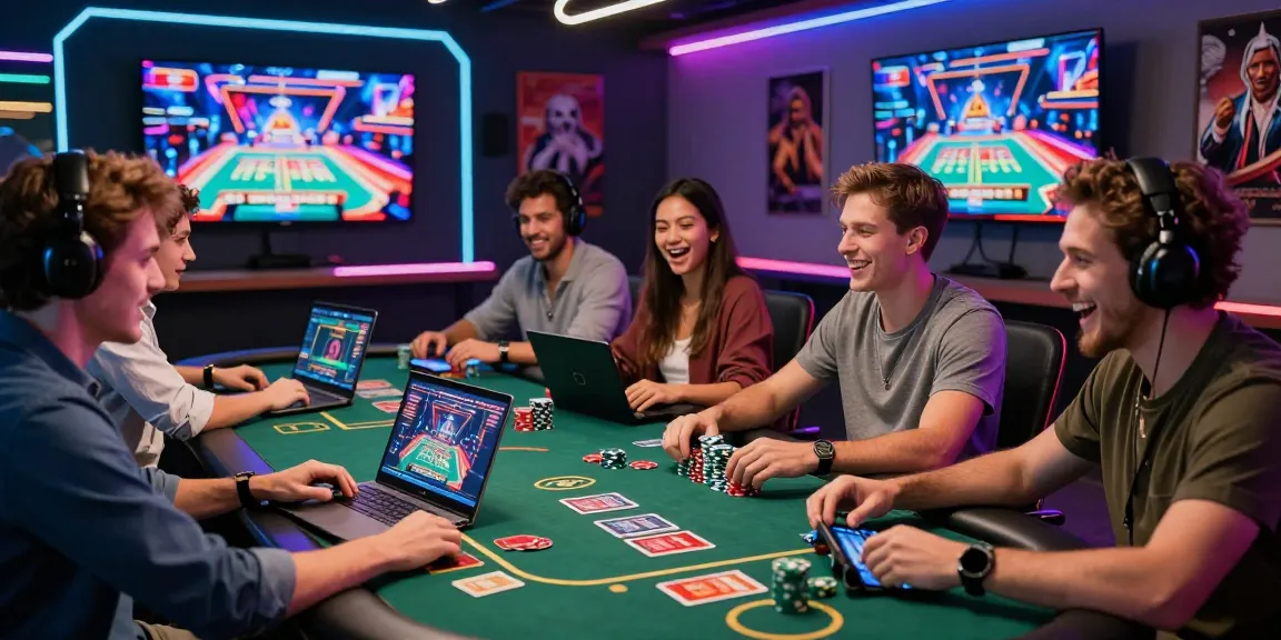 Exciting online gaming experience showcasing friends playing at virtual credit card casinos from https://aisa.org.uk, vibrant atmosphere filled with casino elements.