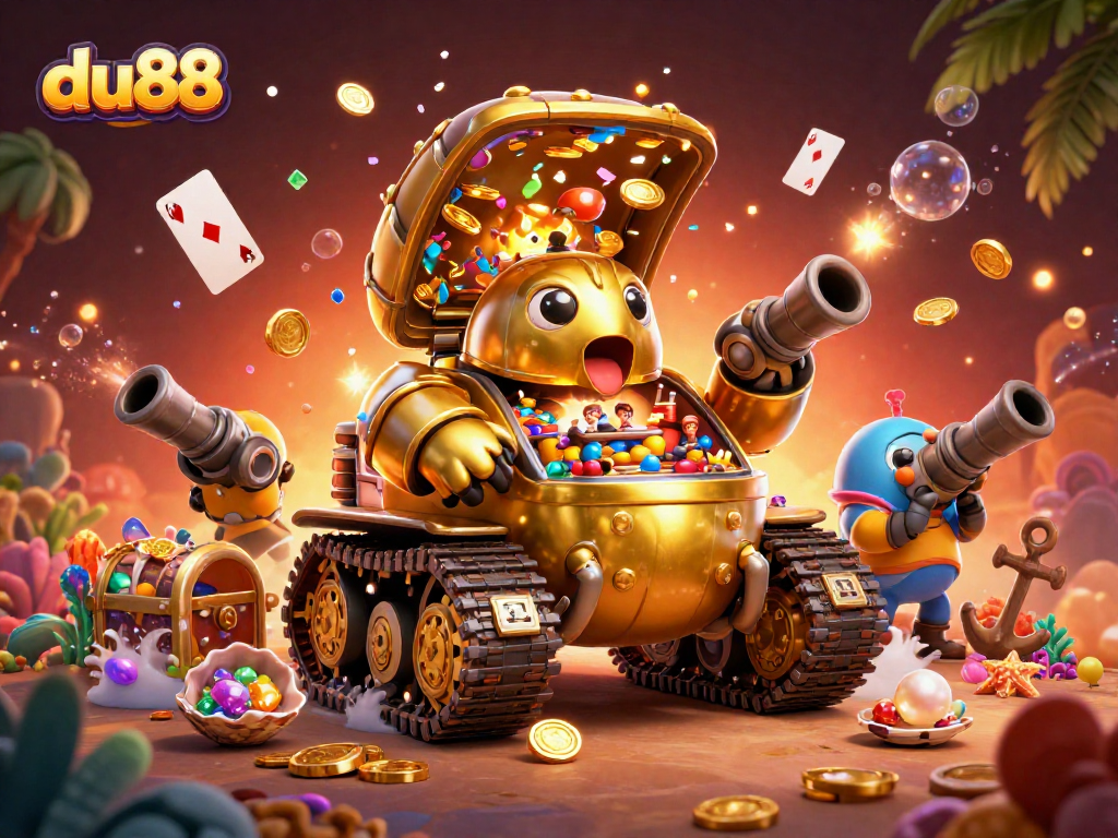 Engage in du88's vibrant casino atmosphere with a captivating golden beetle tank and festive elements.