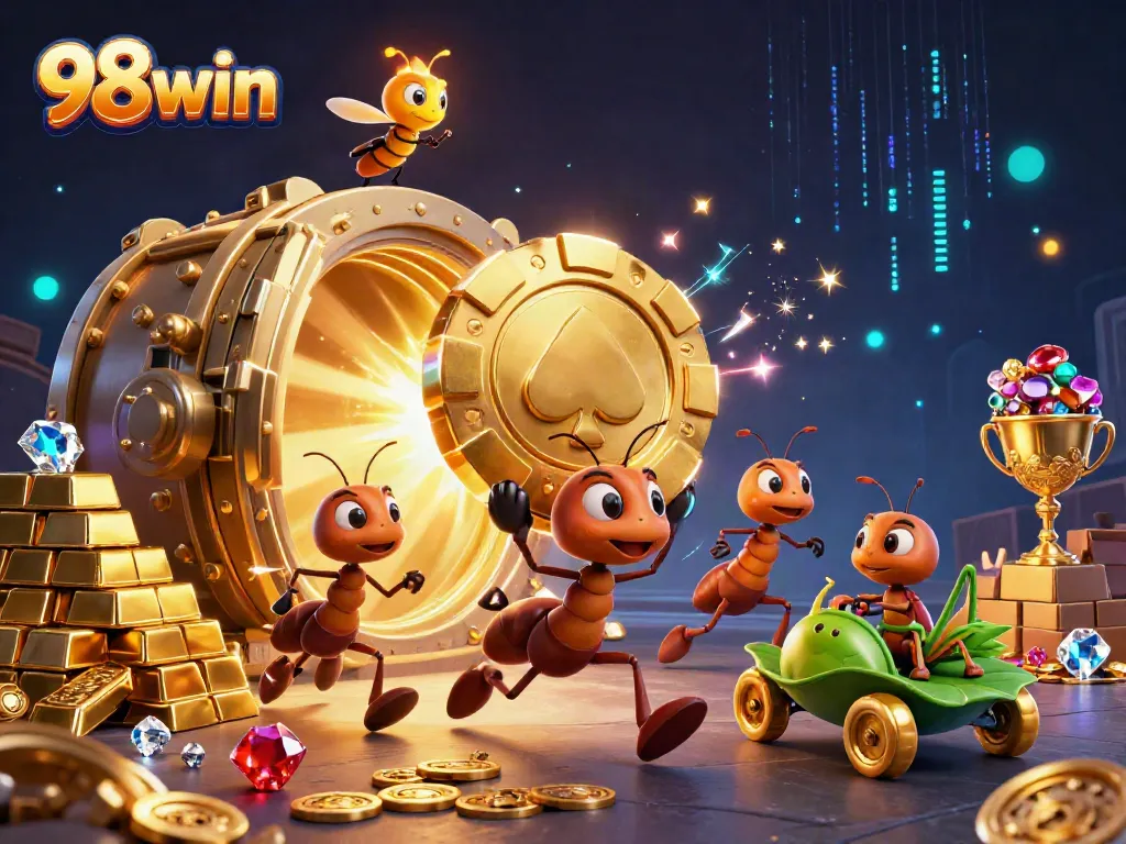 Experience the excitement of 98win with ants heisting a golden poker chip, surrounded by treasures.