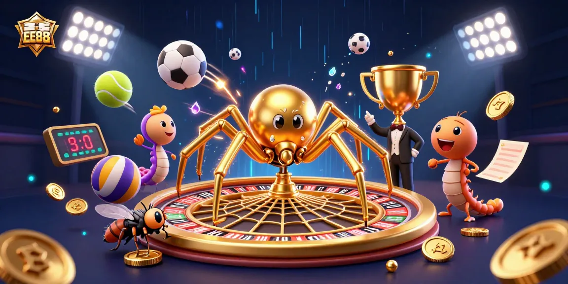 EE88 engages players with thrilling bets illustrated by a golden spider spinning roulette webs with vibrant casino elements.