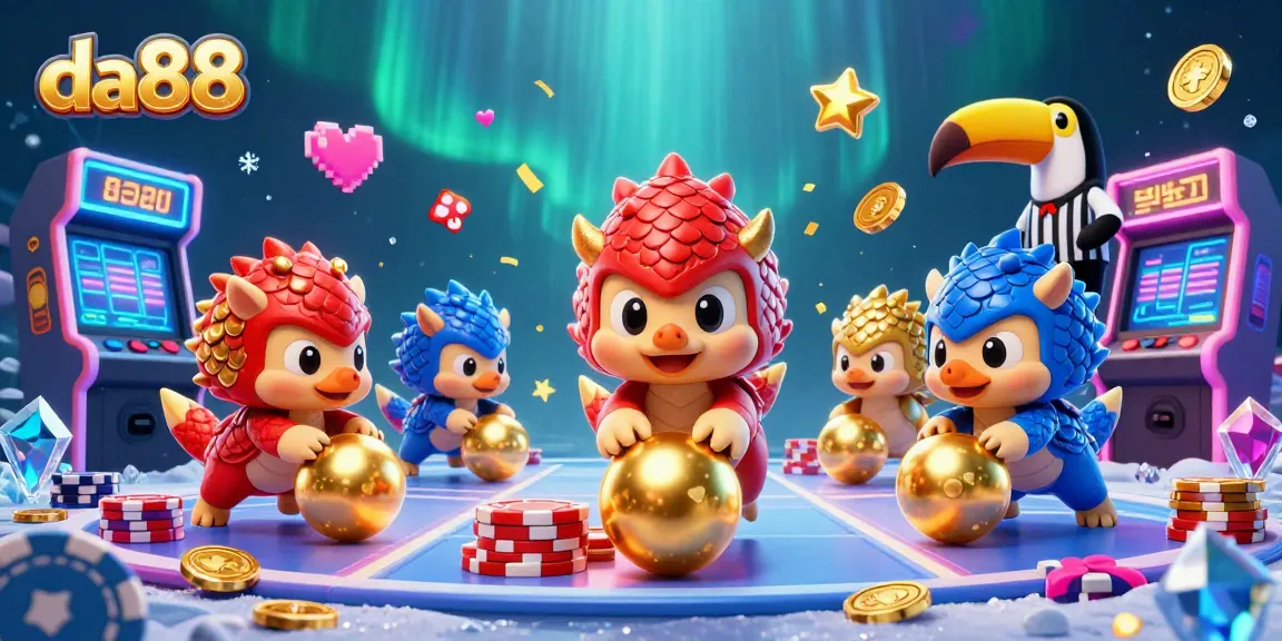 Experience da88 excitement with rival pangolins bowling through poker chips in this vibrant casino-themed illustration.