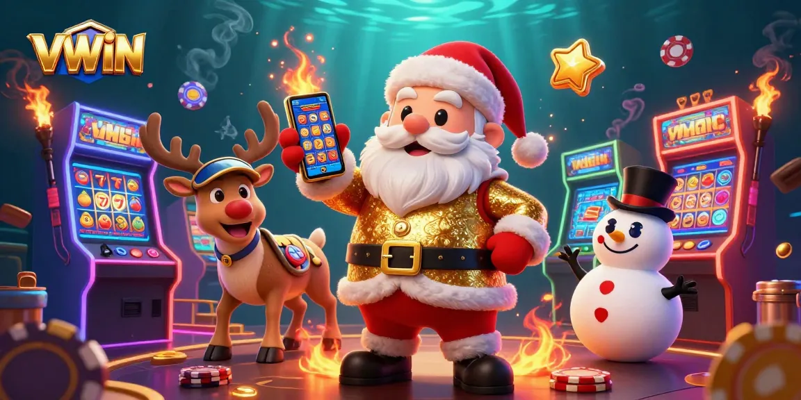 Enjoy the vibrant VWIN casino experience with colorful slots, winnings and festive characters.