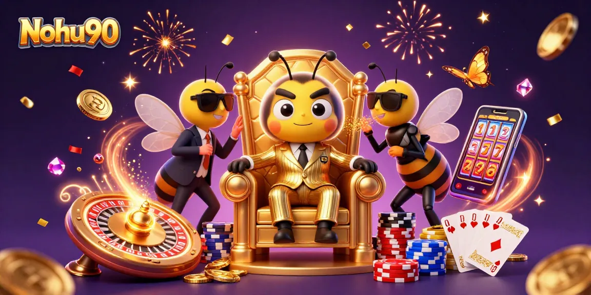Nohu90 offers a vibrant casino experience with animated characters, coins, and gaming elements in a dynamic 3D scene.