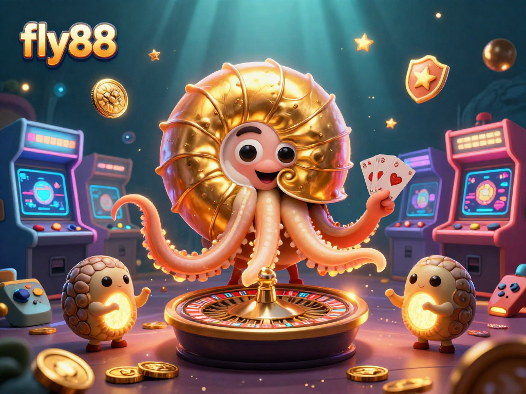 Engage in thrilling gaming with fly88, featuring a giant nautilus roulette wheel and glowing arcade elements.