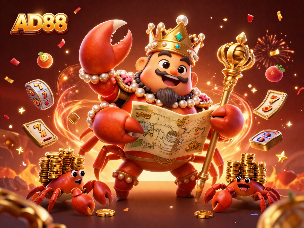 Win big with AD88's colorful 3D illustration of a golden crab emperor and thrilling slot elements.