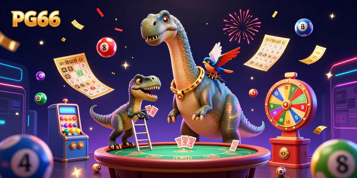 Experience PG66 with a whimsical scene featuring a giant brontosaurus, clever raptor, and colorful casino elements.