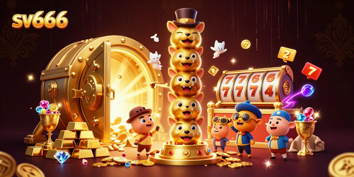 Experience excitement and big wins with sv666 in this vibrant casino illustration packed with slot machines and treasures.