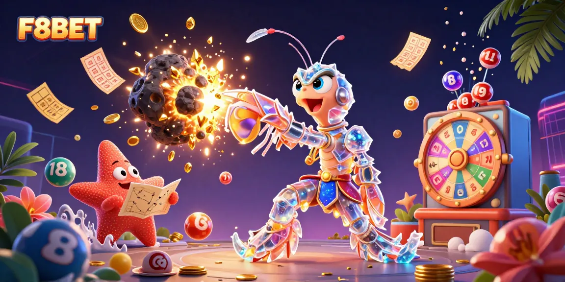 Experience F8BET excitement with a cartoon character smashing through asteroids, surrounded by lottery elements!