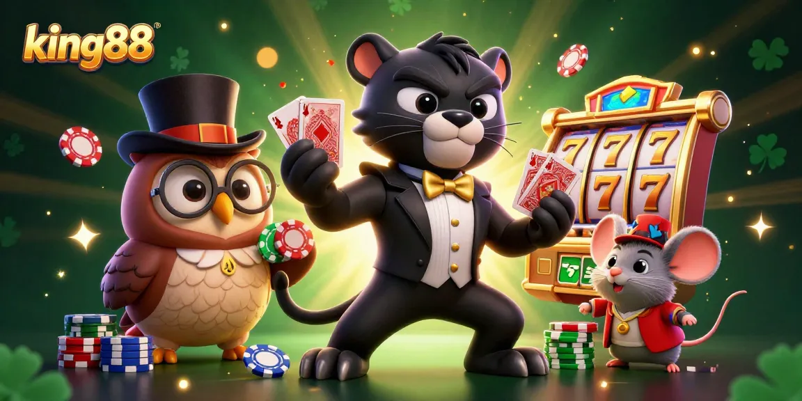 Play with king88's charismatic characters amidst vibrant slots and jackpots, highlighting dynamic casino entertainment.