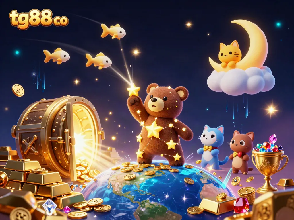 Bet on tg88 co with a whimsical 3D illustration of a golden stars bear and treasure vault.