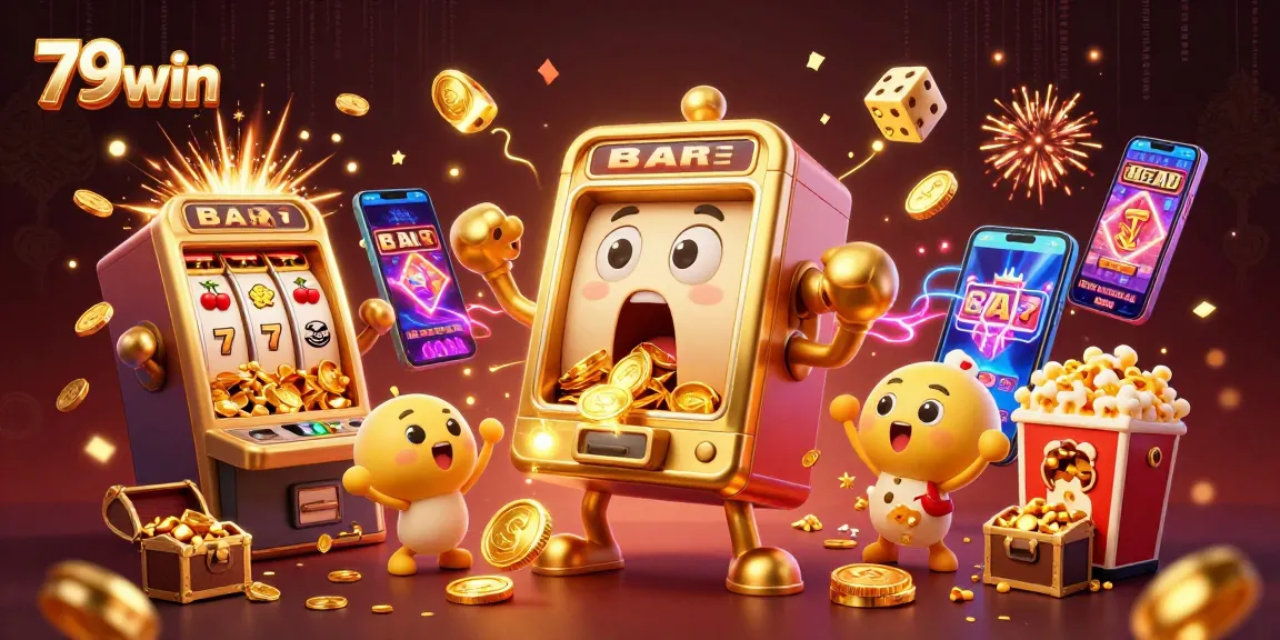 79win slot machine hits jackpot as coins spill, showcasing an exciting casino atmosphere with vibrant colors.