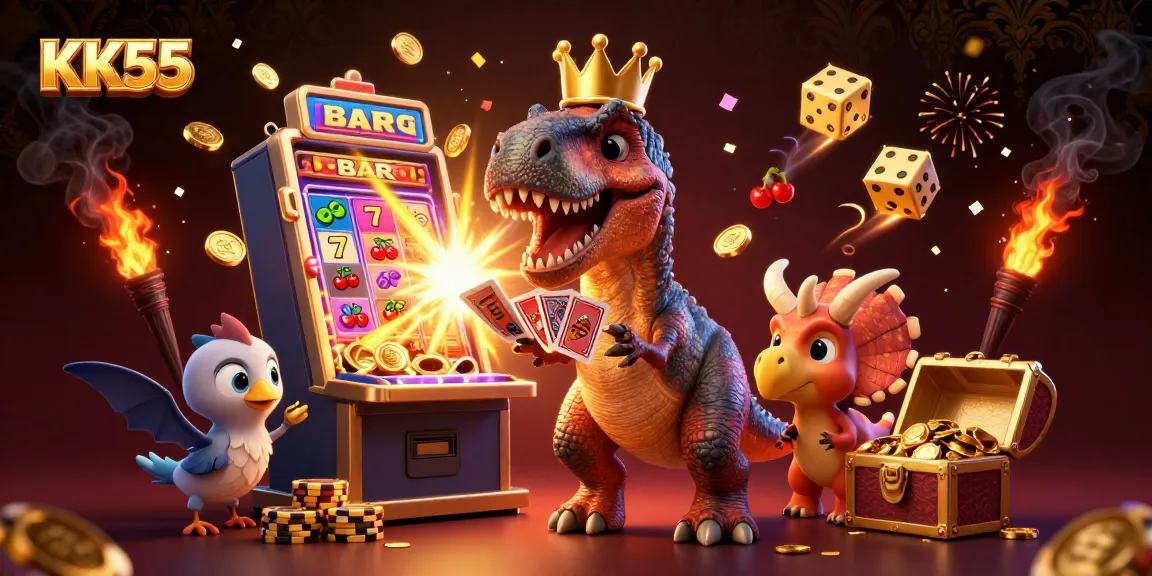 Experience the vibrant atmosphere of KK55 with a T-Rex shuffling cards and a slot machine bursting with coins.