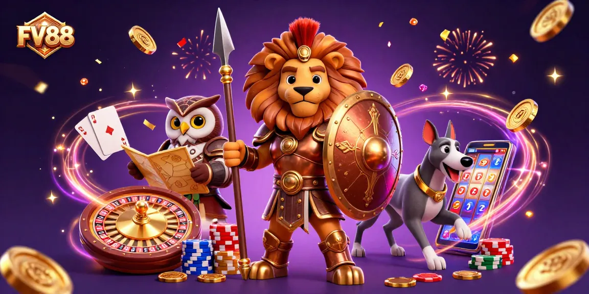 Experience the thrill of FV88 with a vibrant gaming scene featuring a heroic lion, strategic owl, and swift greyhound.