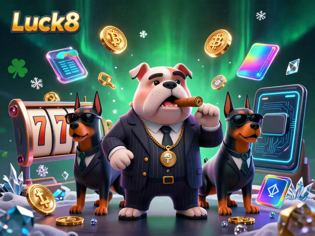 Experience Luck8's thrilling casino world with a dynamic mafia scene featuring a bulldog and investments in cryptocurrency.
