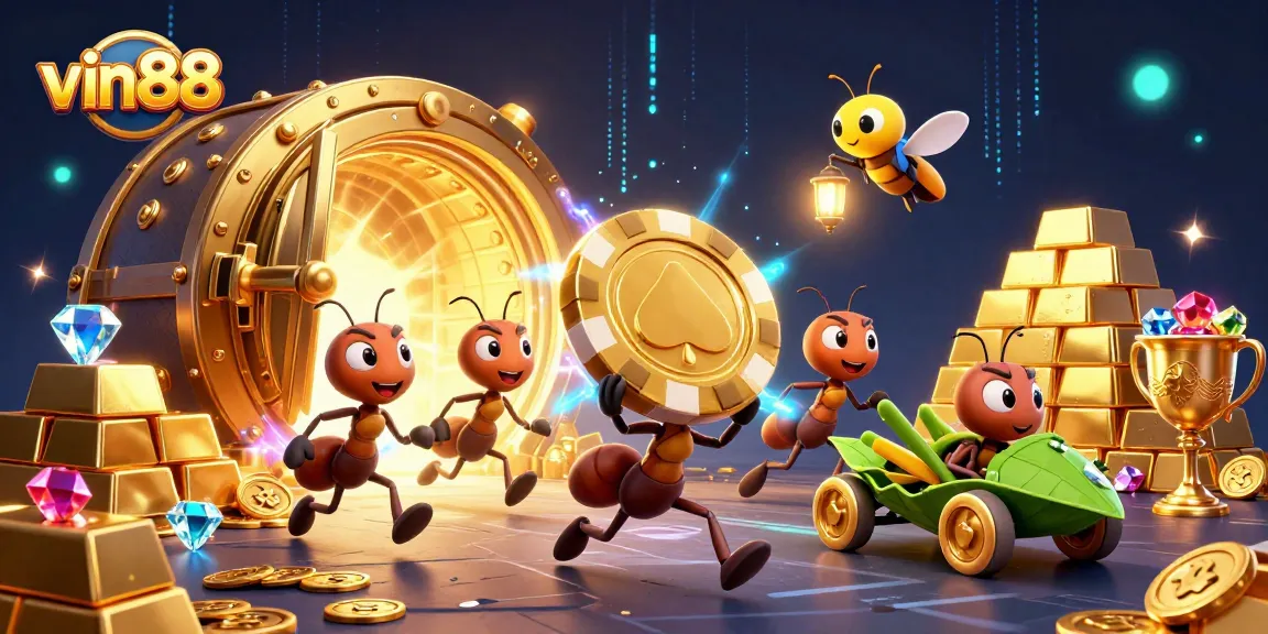 Win big with vin88 in a vibrant heist scene featuring cartoon ants and glowing treasures.