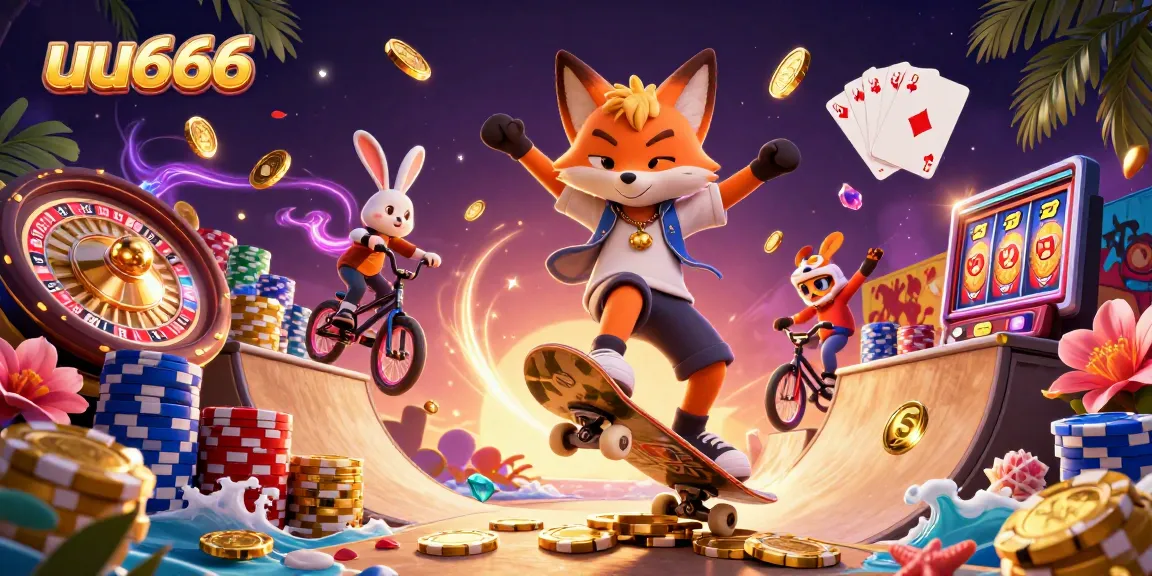 Experience exciting thrills at uu666 with a dynamic gaming scene featuring vibrant characters and casino elements.