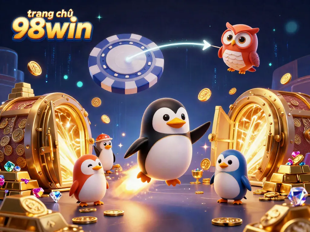 Experience thrilling action at trang chủ 98win with a golden penguin soaring through a vibrant casino universe.