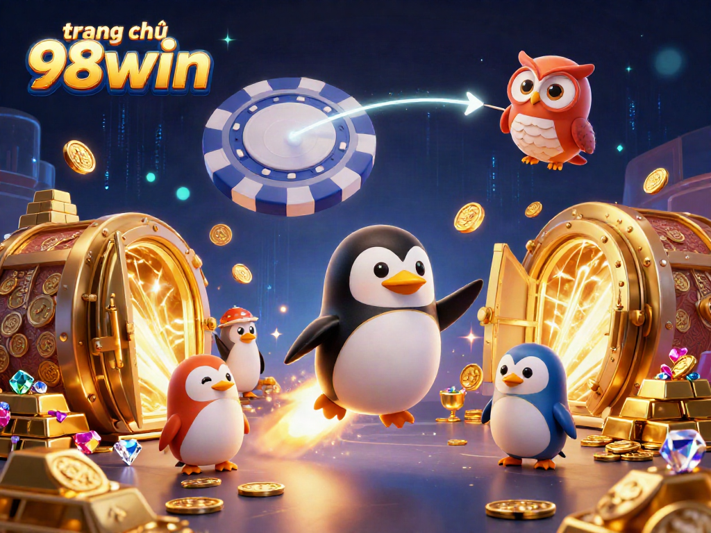 Experience thrilling action at trang chủ 98win with a golden penguin soaring through a vibrant casino universe.