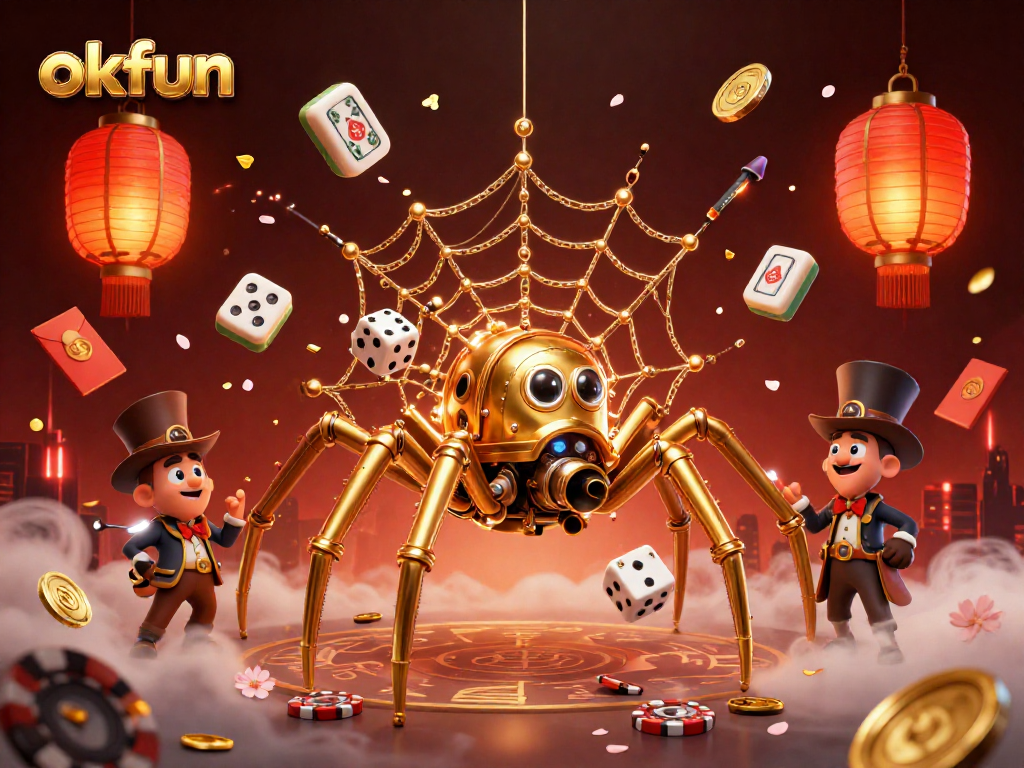 Engage in exciting gameplay at okfun with a steampunk spider webbing lucky dice and vibrant casino elements.