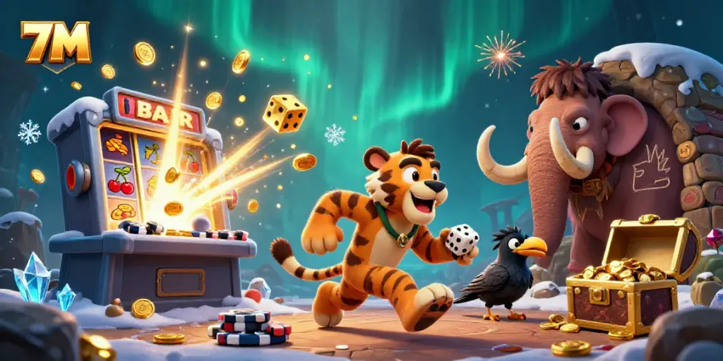Experience the thrill of 7M with a lively prehistoric casino scene featuring cartoon characters.