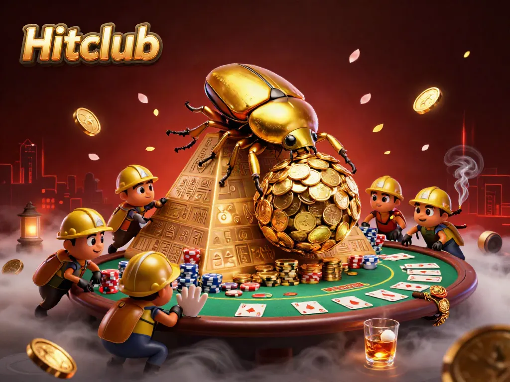 Engage with Hitclub's vibrant illustration showcasing a golden dung beetle symbolizing gamblers' fortune amidst casino excitement.