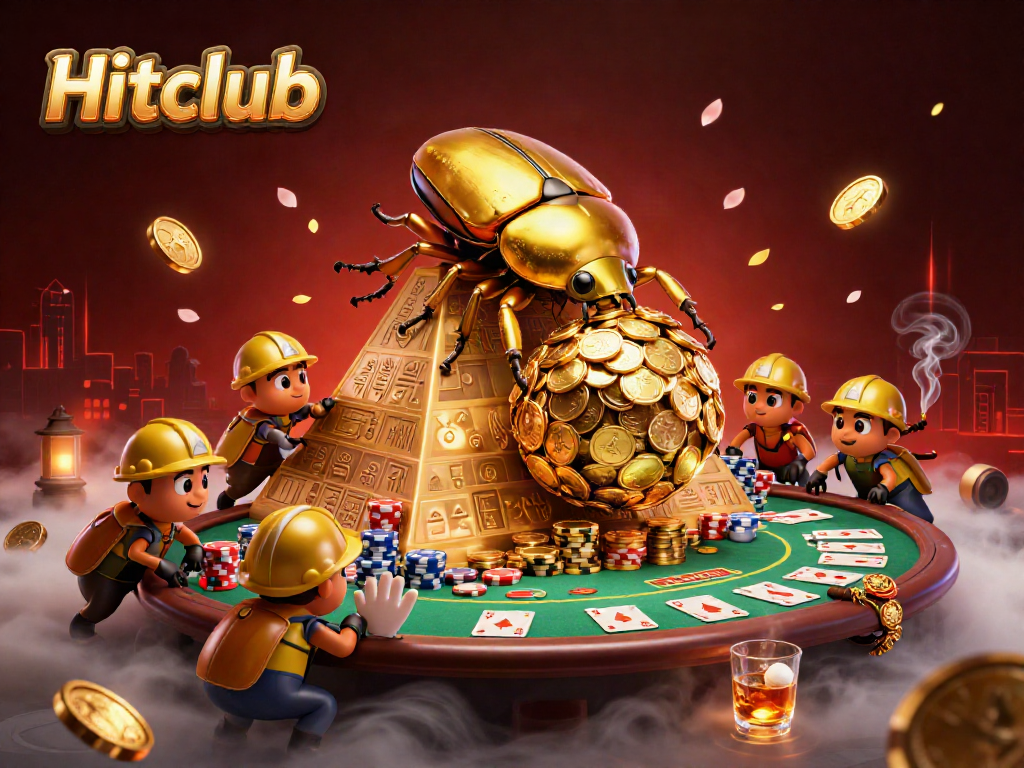Engage with Hitclub's vibrant illustration showcasing a golden dung beetle symbolizing gamblers' fortune amidst casino excitement.