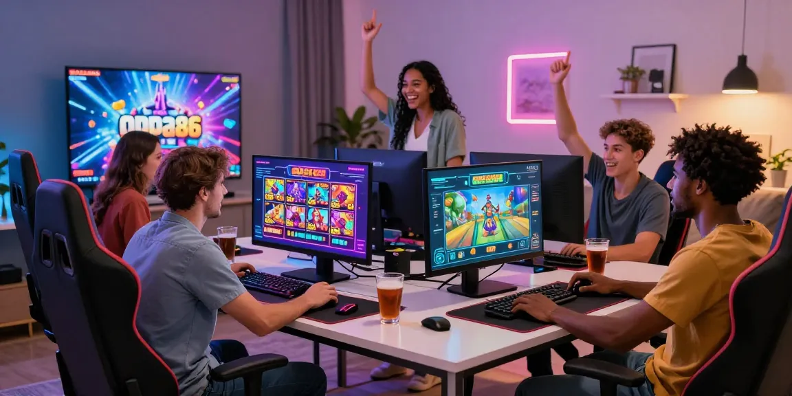Enjoying premium gaming experience with oppa86 in a lively home setting.