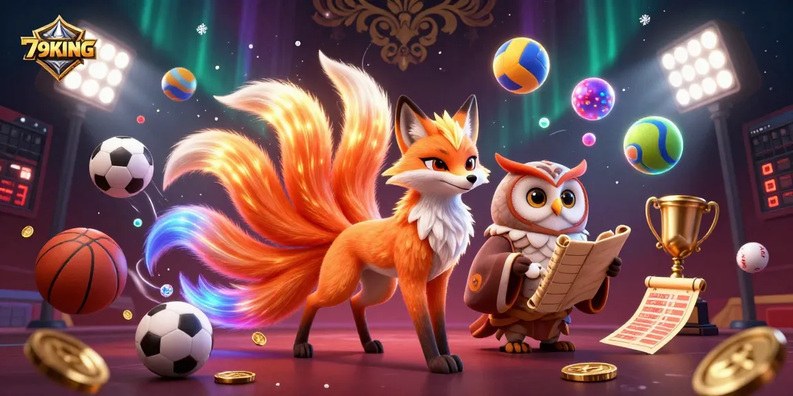 Engage with 79KING's vibrant casino world featuring a glowing nine-tailed fox, wise owl, and dynamic game elements.