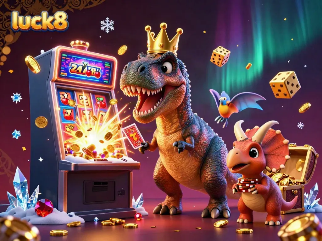 Experience the excitement of luck8 with a playful T-Rex and friends amidst a dynamic jackpot casino scene.