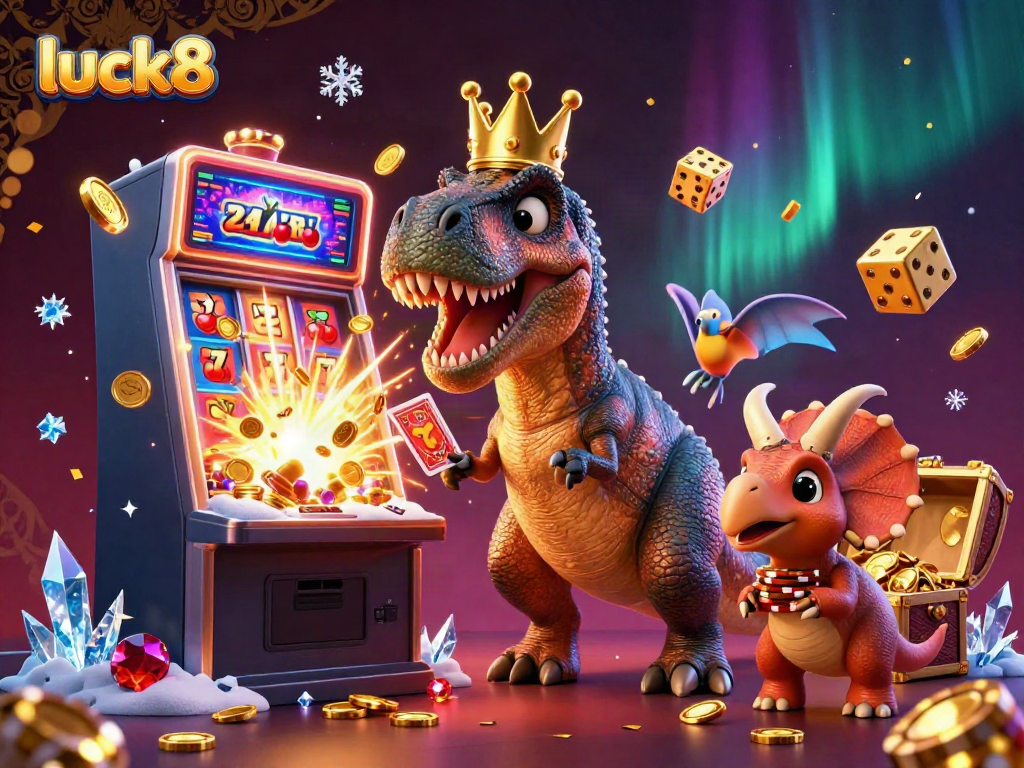 Experience the excitement of luck8 with a playful T-Rex and friends amidst a dynamic jackpot casino scene.