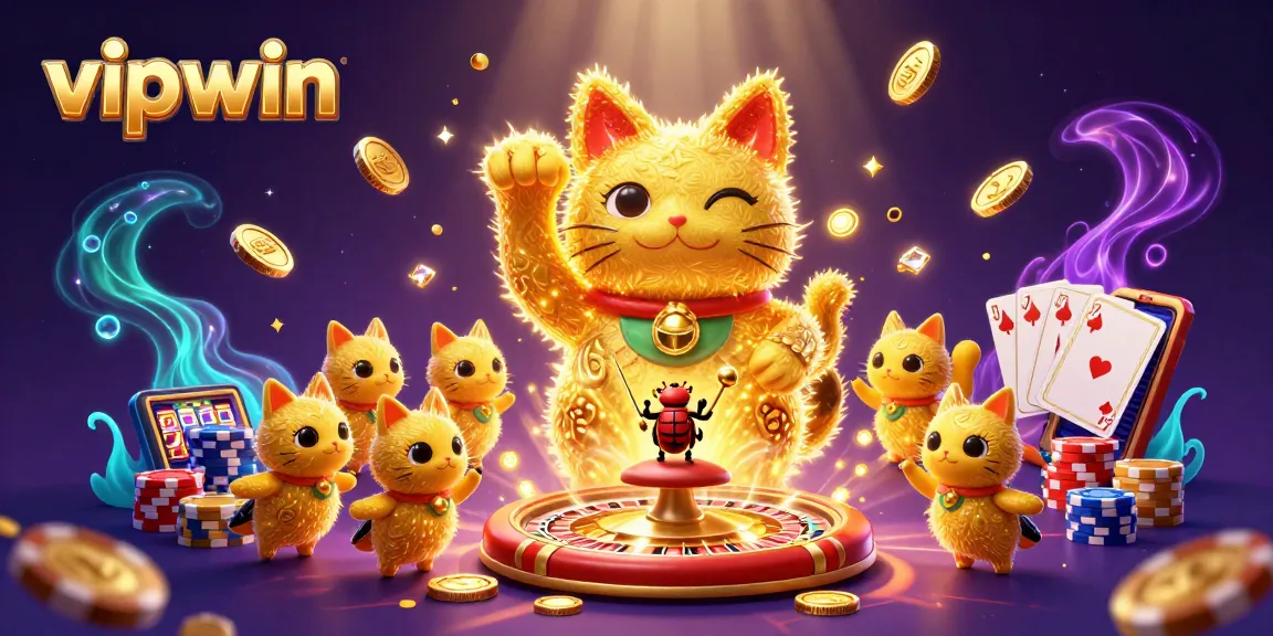 Engage in thrilling bets at vipwin with a lucky cat surrounded by golden coins and 3D casino elements.