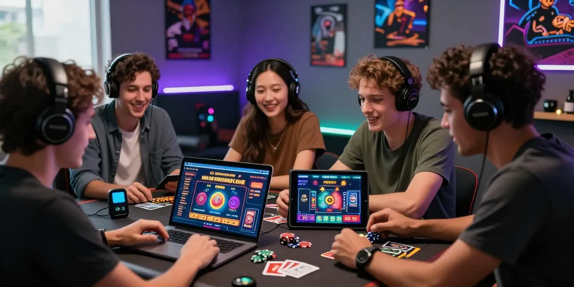 Friends enjoying online gaming at aisa.org.uk credit card casinos with vibrant setup and casino elements.
