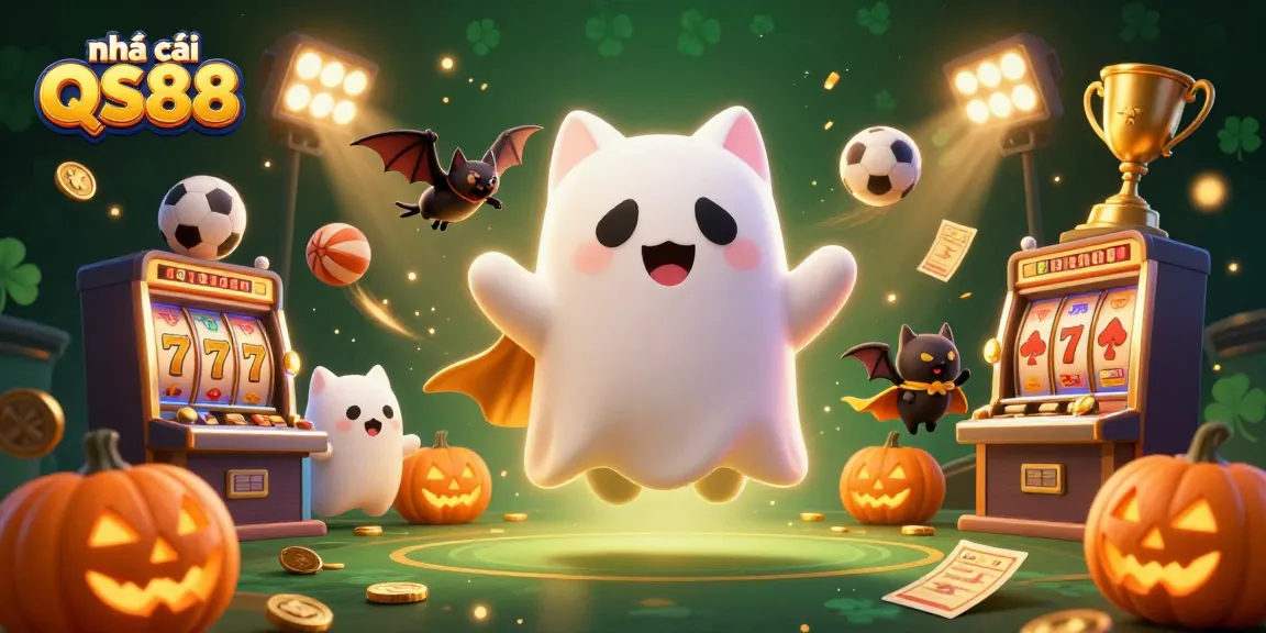 Engage with the thrilling world of nhà cái QS88, featuring a playful ghost cat and immersive gaming elements.