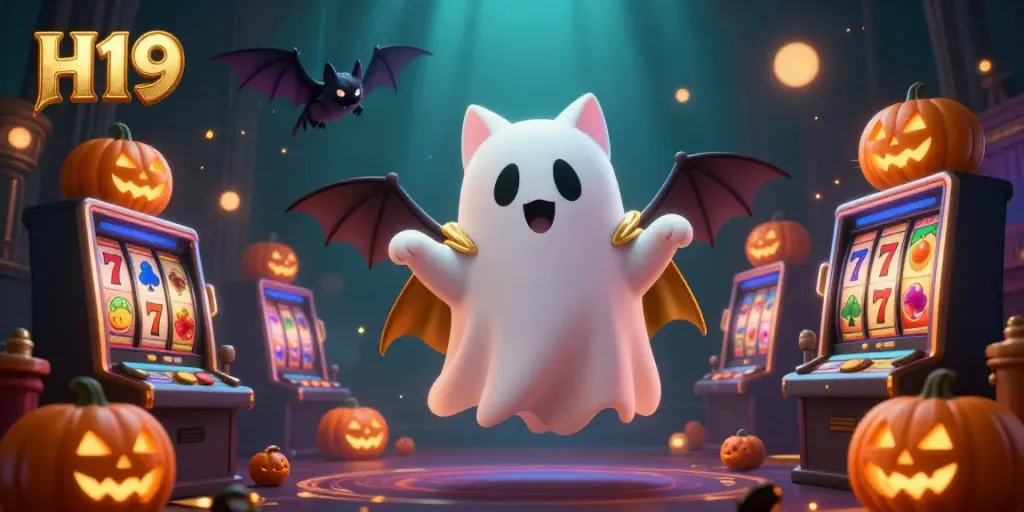 Engaging ghost cat H19 character floats amid a haunted casino scene filled with lively slot reels and vibrant jackpots.