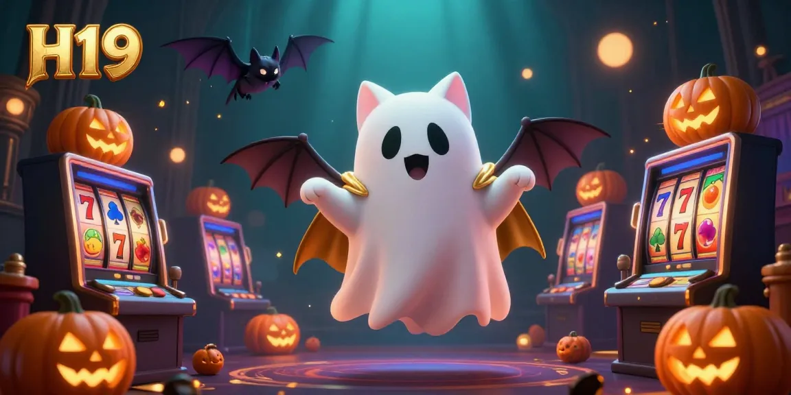Engaging ghost cat H19 character floats amid a haunted casino scene filled with lively slot reels and vibrant jackpots.