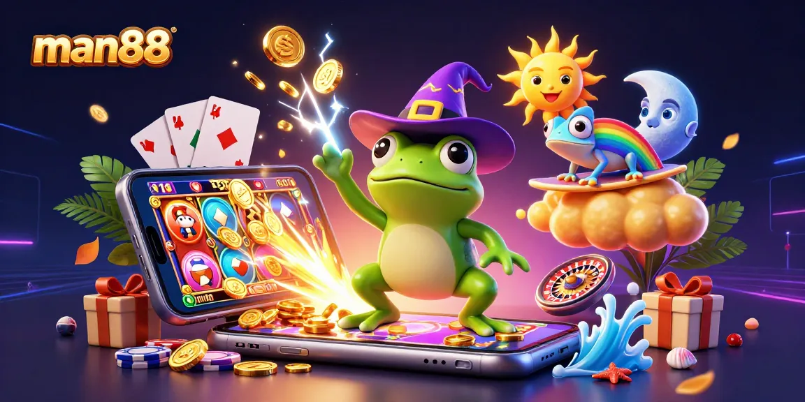 Experience man88's vibrant gaming world with a wizard frog and chameleon in a storm of coins.