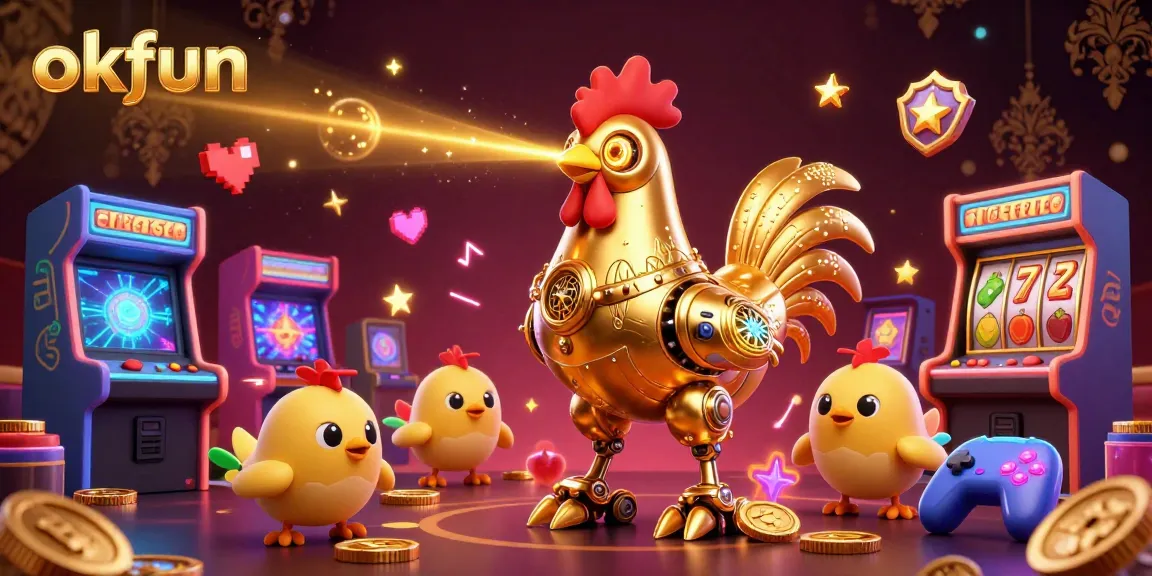 Engage in thrilling gaming with okfun showcasing a golden rooster robot and playful chick drones amidst vibrant casino elements.