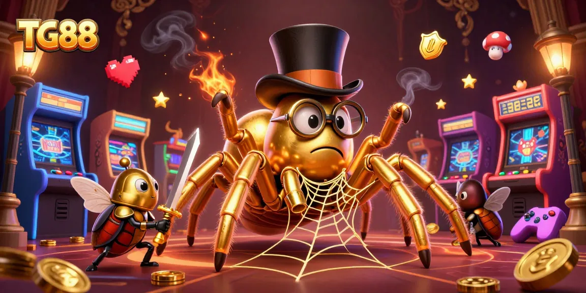 Engaging TG88 casino illustration featuring a golden tarantula and a knight amidst vibrant gaming elements.