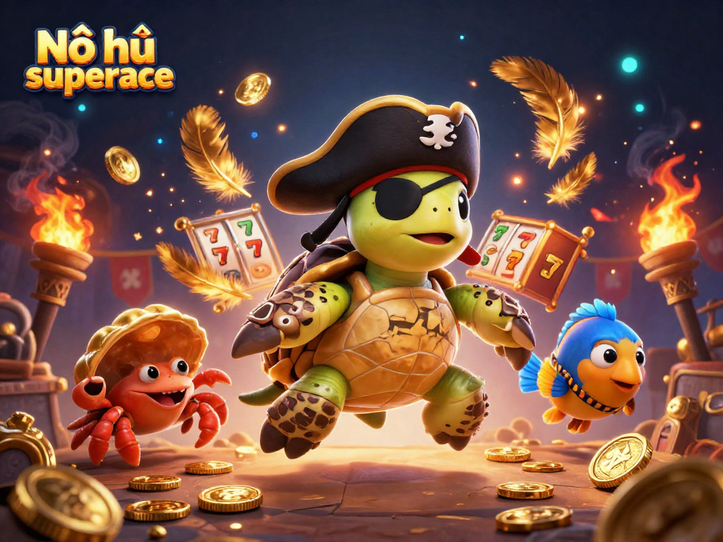 Nổ hũ superace attracts players with a vibrant scene of a pirate turtle, crab, and parrotfish enjoying casino-themed treasure.