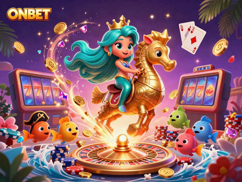 Engage with ONBET as a mermaid princess and seahorse explore a vibrant casino underwater.