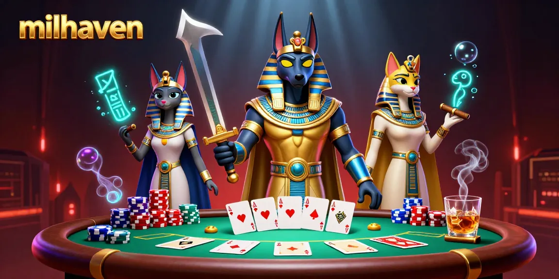 Experience thrilling gameplay at milhaven with Anubis and Bastet in a vibrant casino scene featuring poker elements.