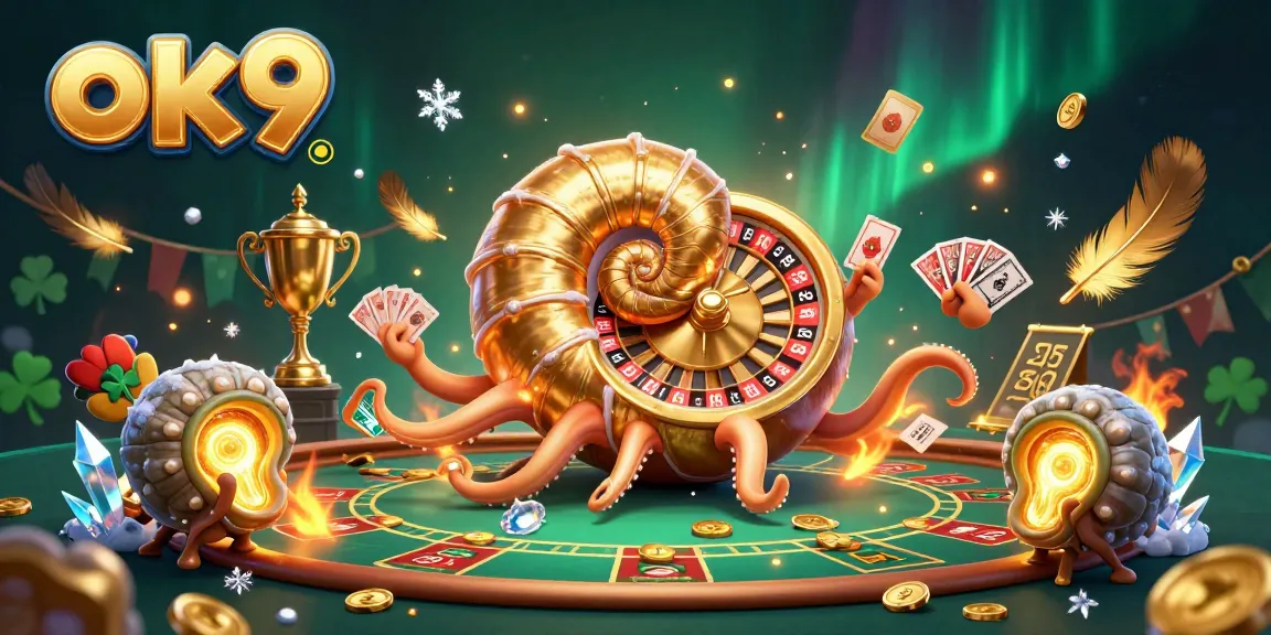 Experience thrilling casino action with ok9, featuring a giant nautilus roulette wheel and glowing ammonites.