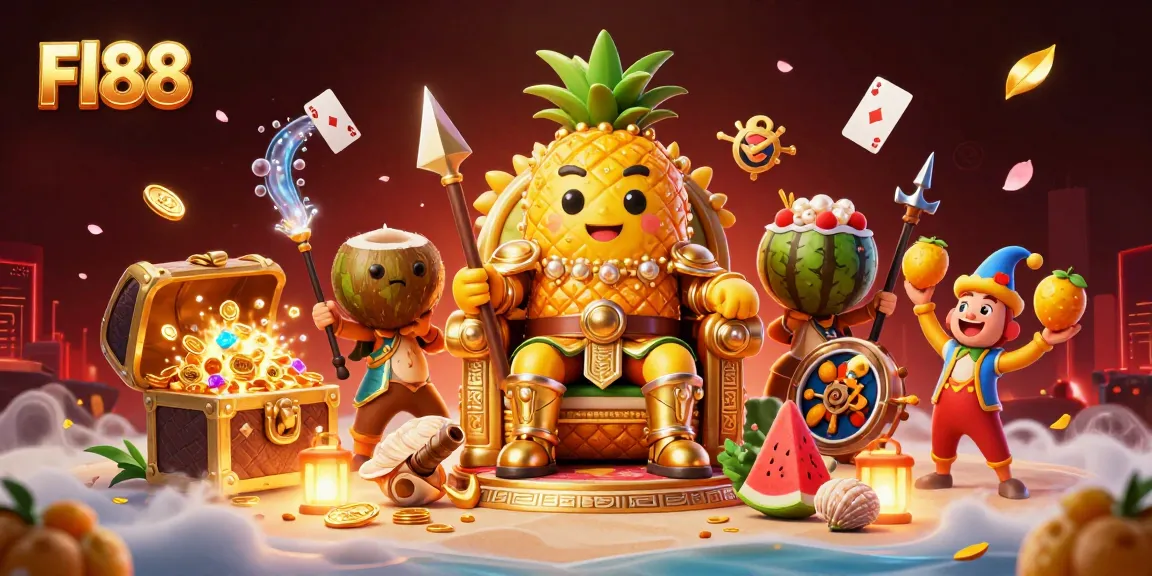 Experience the excitement of Fl88's vibrant casino scene with a plush golden pineapple king and energetic game elements.