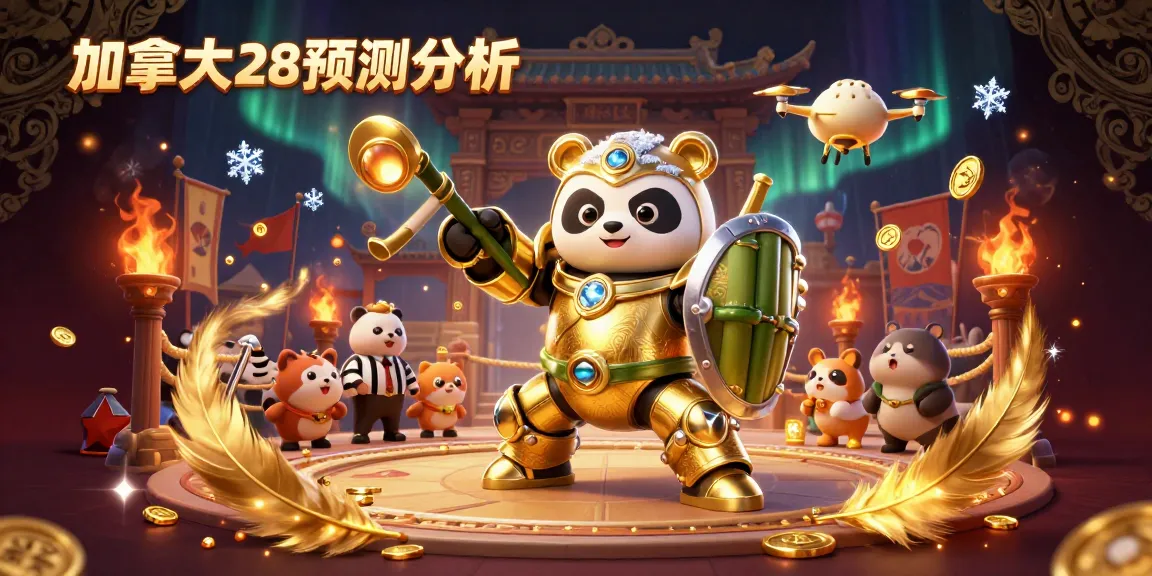 Engage with 加拿大28预测分析 in an energetic 3D illustration featuring a mech-suit panda and a golden drone referee.