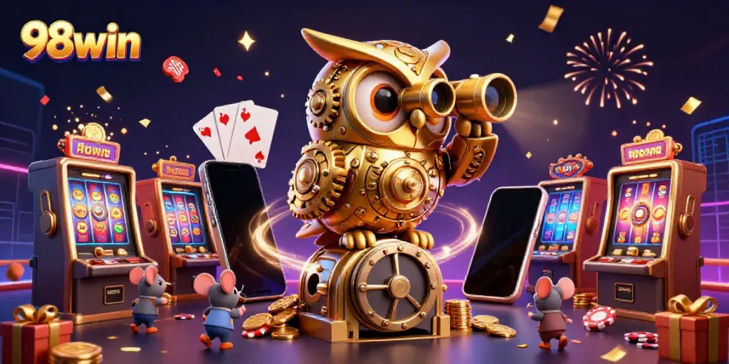 Experience thrilling games at 98win with a colorful casino scene filled with gold coins and excitement.