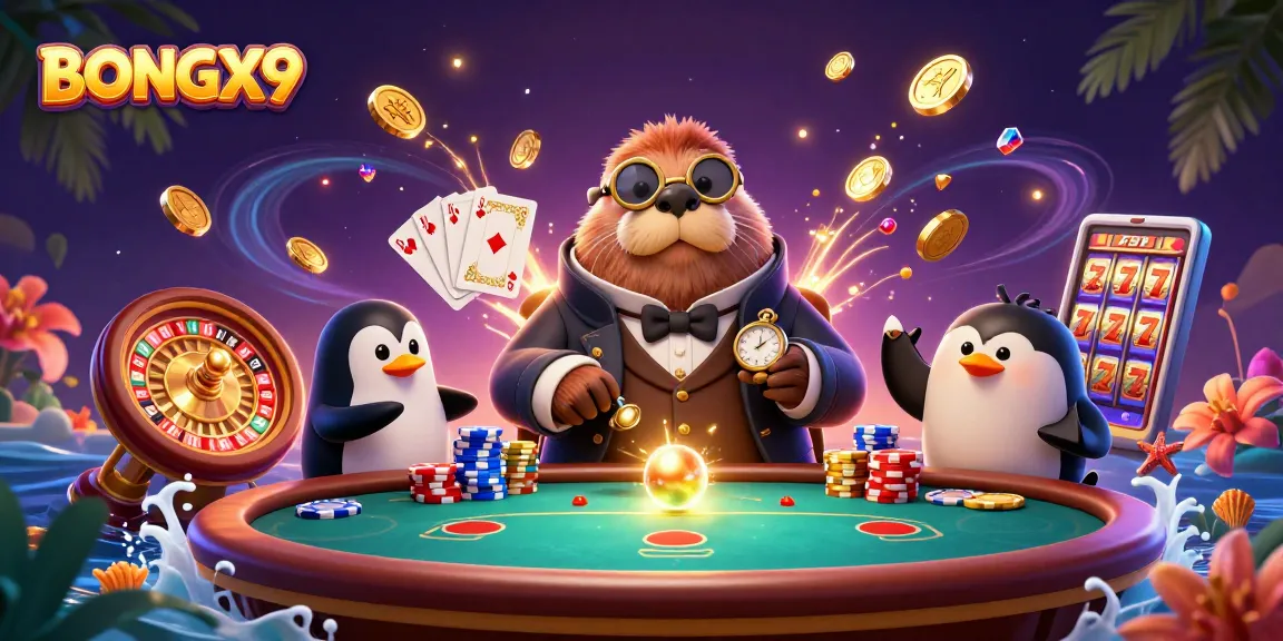 BONGX9 showcases an underwater poker scene with a walrus dealer and colorful casino elements.