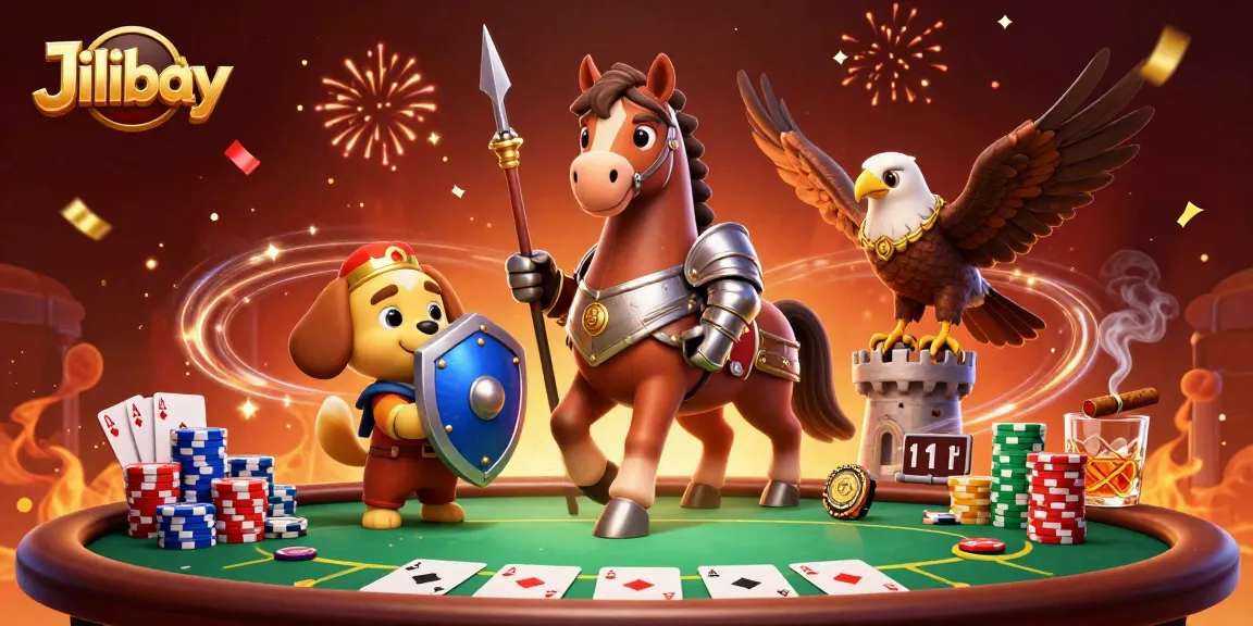 Experience exciting poker action with Jilibay's immersive 3D casino scene featuring knights and a puppy.