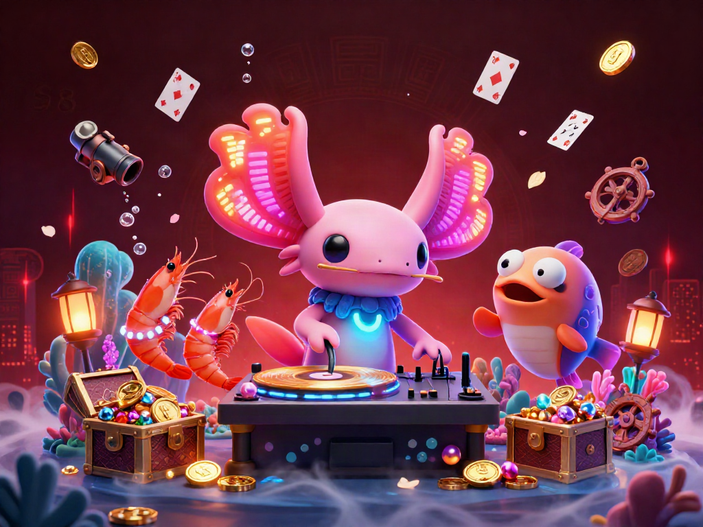 S8's vibrant casino-themed underwater party features a neon axolotl DJ, dancing shrimp, and Hype-man blowfish, promoting an exciting gaming atmosphere.